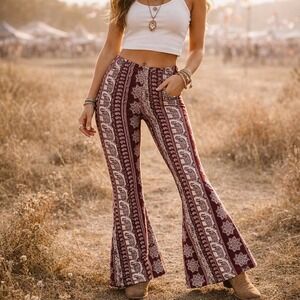 Vibe Sportswear Womens Large Burgundy Elephant Mandala Flare Bell Bottom Pants